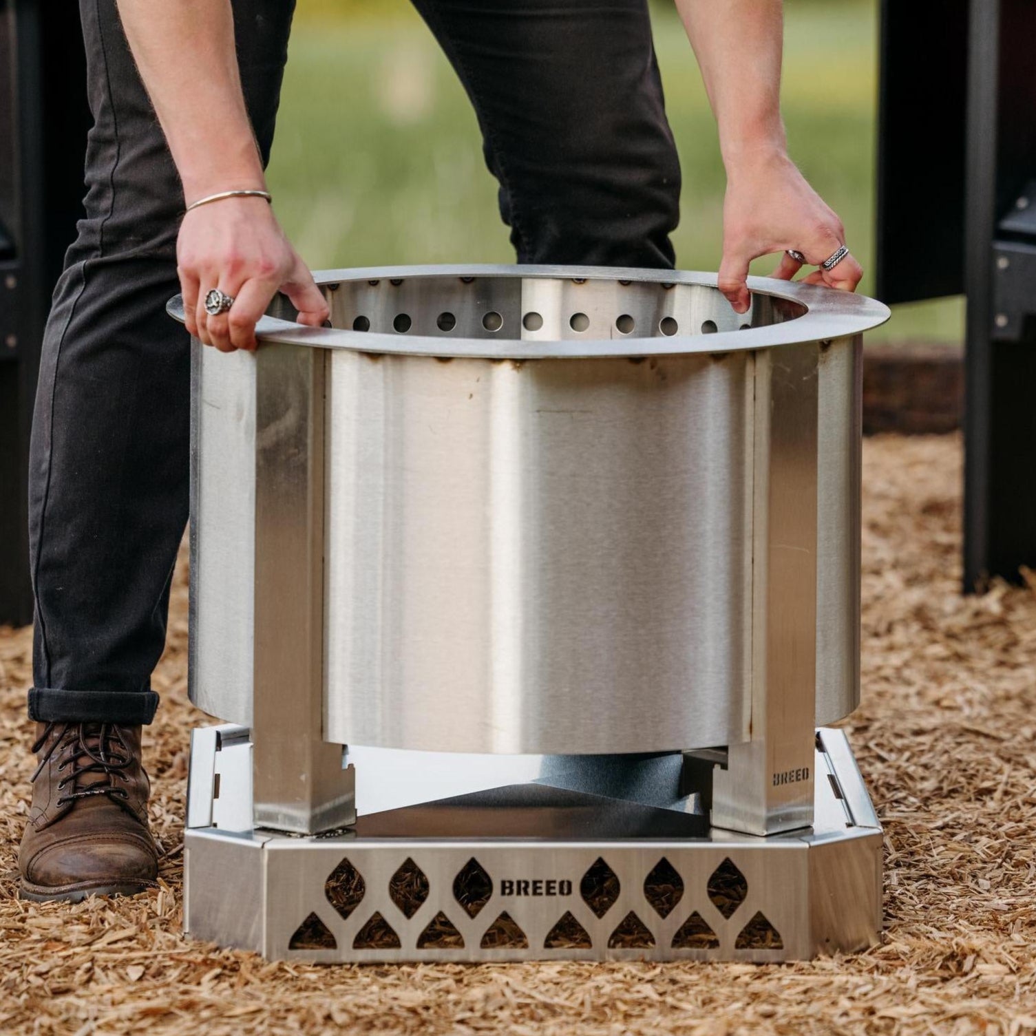 X19 Firepit resting on a Breeo Base